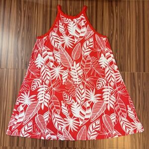 Red White Tropical Leaf Print Sleeveless Swing Dress XL Vacation Beach Resort